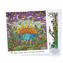 Cargar imagen en el visor de la galería, Postal tarjeta de felicitación Ekilikua, con ilustración original y la frase "En cada amanecer hay un vivo poema de esperanza"
