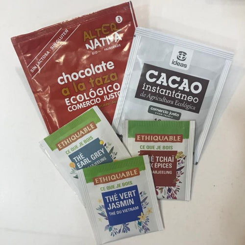 Pack cacao soluble, chocolate a la taza y tres tés de Comercio Justo