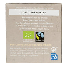 Cargar imagen en el visor de la galería, Detalle del paquete del té blanco bio, con certificación Fairtrade y de Agricultura Ecológica