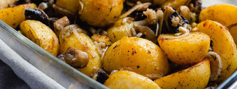 Guiso de patatas y boniatos con setas deshidratadas