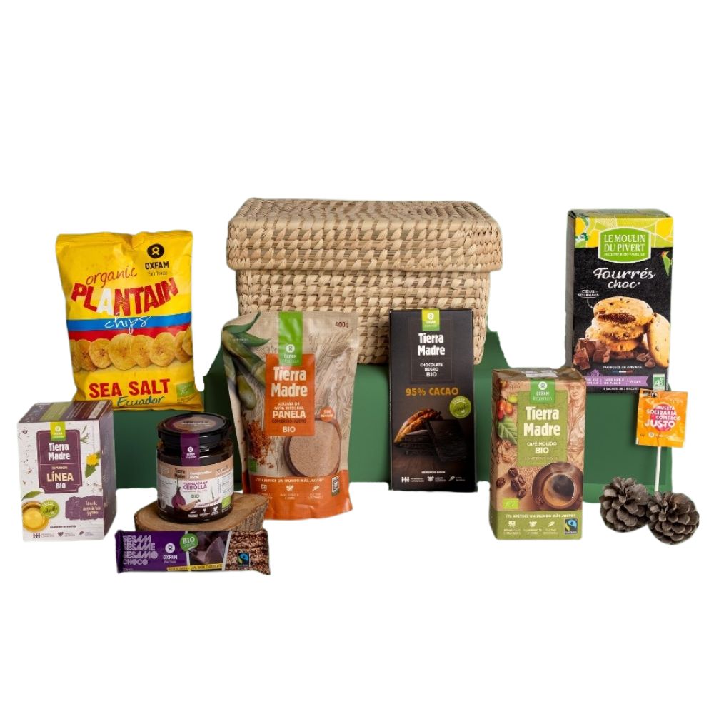 Cesta de Comercio Justo vegana y con productos ecológicos