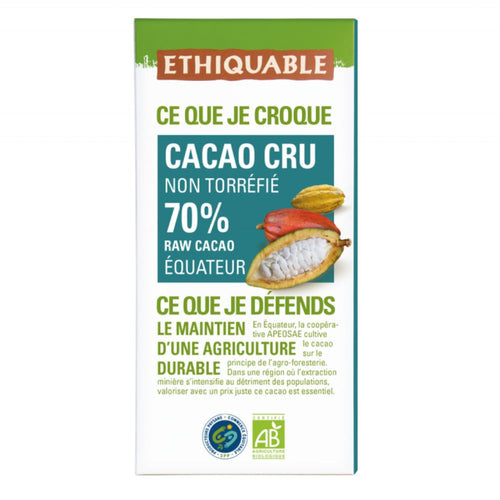 Tableta de cacao crudo al 70% de Ecuador. Ecológico y de Comercio Justo