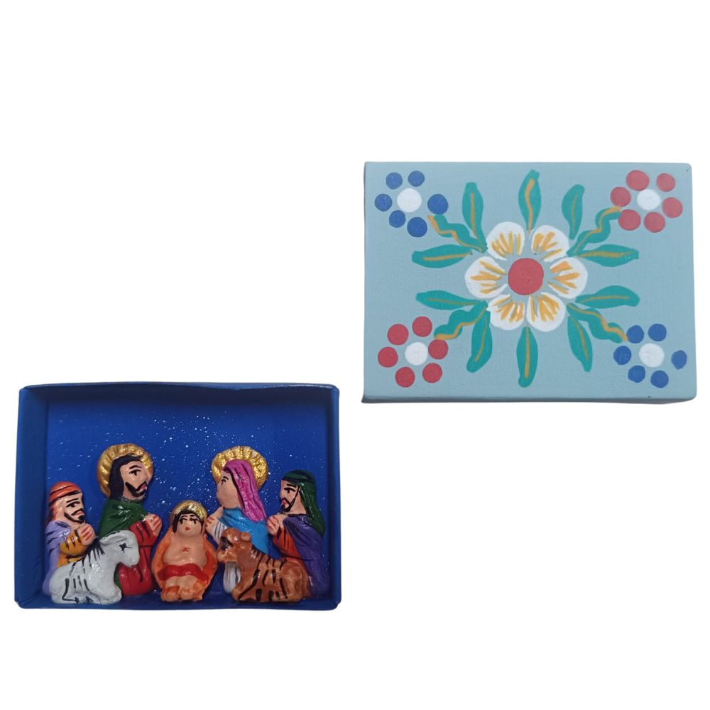 Belén en caja de cerillas azul. Perú. Comercio Justo