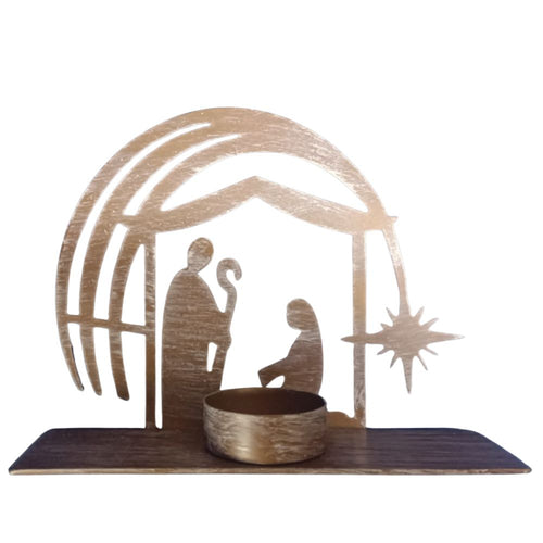 BElén de comercio Justo artesanal. Silueta de metal con el misterio y espacio para una velita