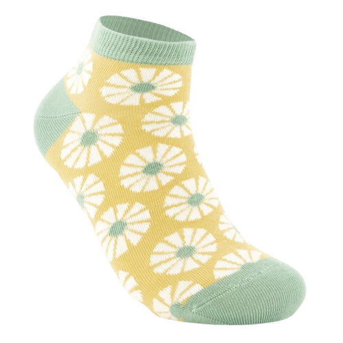 Calcetín tobillero con flores sobre fondo amarillo. Ecológicos y de Comercio Justo