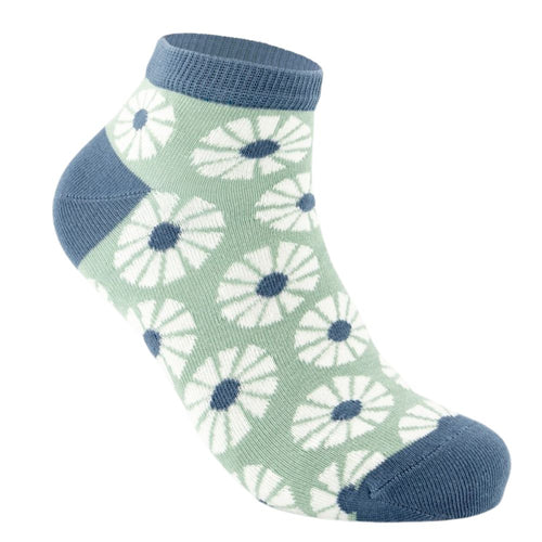 Calcetín tobillero de Comercio Justo y algodón BIO, con flores sobre fondo azul verdoso