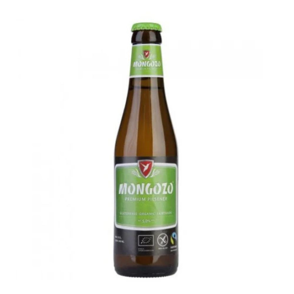 Cerveza Mongozo Pilsener Premium de Comercio Justo. Ecológica y sin gluten