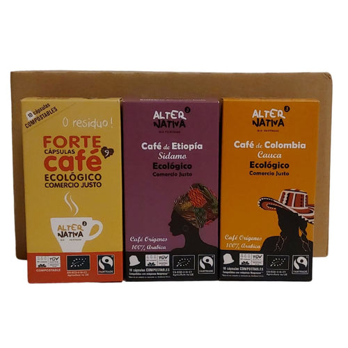 Selección de cafés ecológicos y de Comercio Justo en cápsulas compostables.