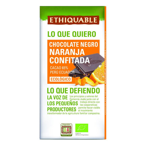 Tableta de chocolate negro con naranja confitada BIO y de Comercio Justo