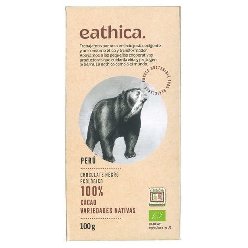 Tableta de chocolate negro ecológico de Perú, 100% cacao de variedades nativas. Comercio Justo