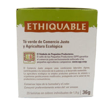 Cargar imagen en el visor de la galería, Detalle del lateral de la caja de té verde 100% de agricultura ecológica y de Comercio Justo
