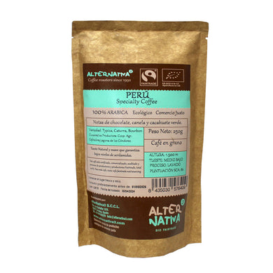 Paquete de café de especialidad de Comercio Justo de Perú, ecológico.