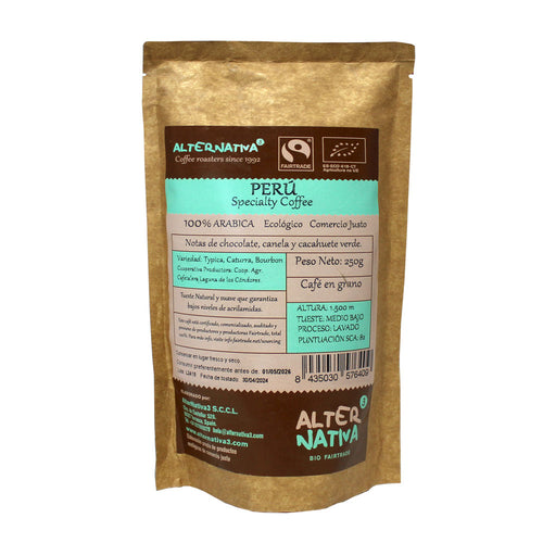 Paquete de café de especialidad de Comercio Justo de Perú, ecológico.