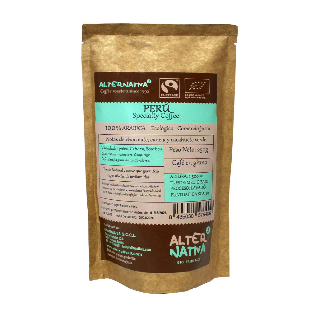 Paquete de café de especialidad de Comercio Justo de Perú, ecológico.
