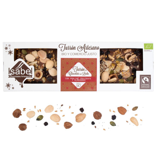 Turrón de chocolate artesano, con praliné crujiente y almendras y de Comercio Justo