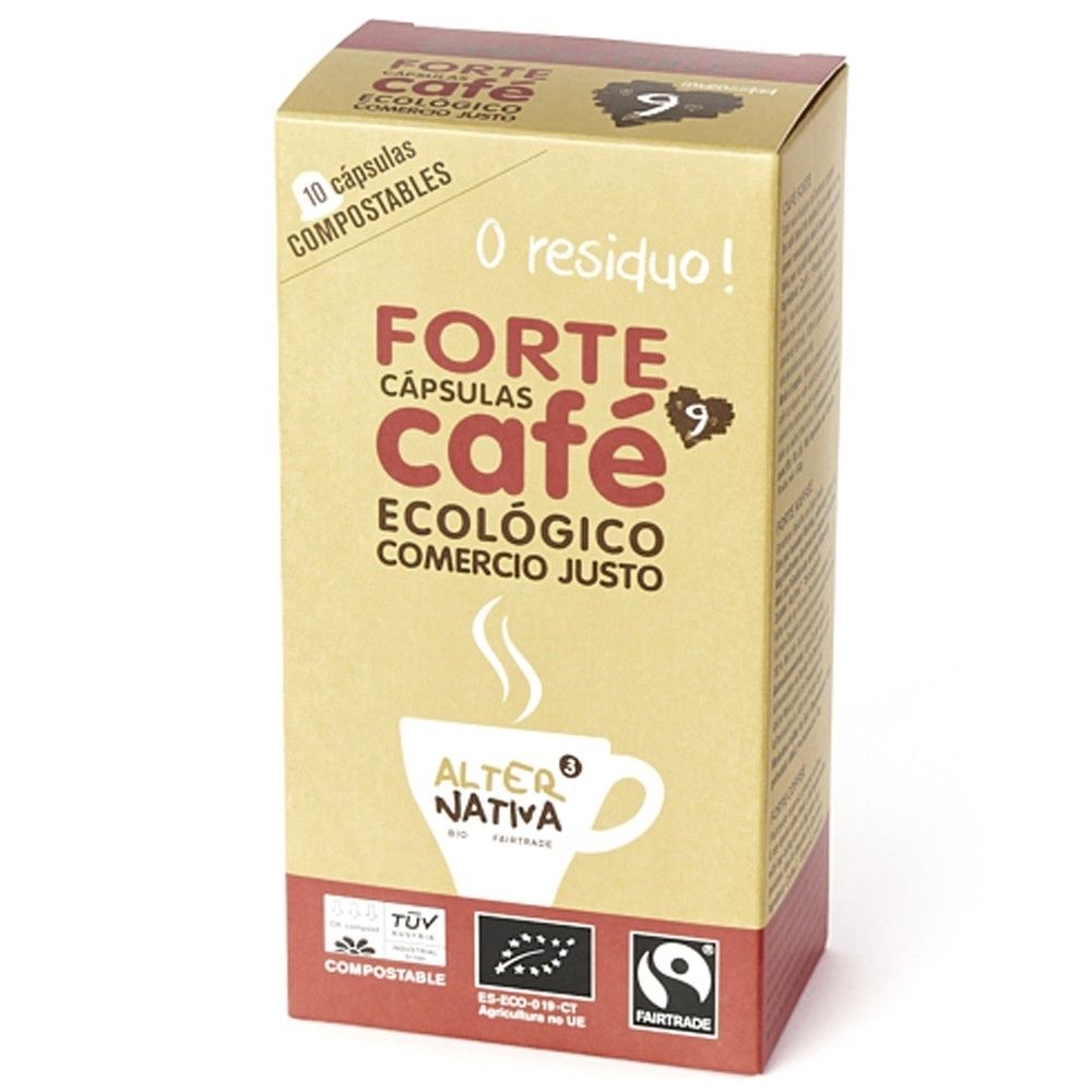 Café forte ecológico en cápsulas compostables, de Comercio Justo.